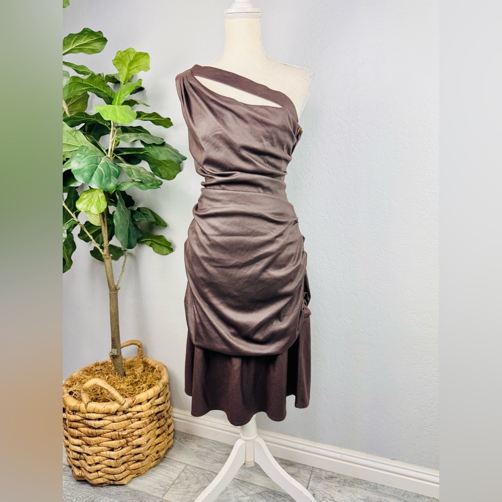 NEW Teri Jon Sports Wear Brown Ruched Ruffle Hem One Shoulder Dress